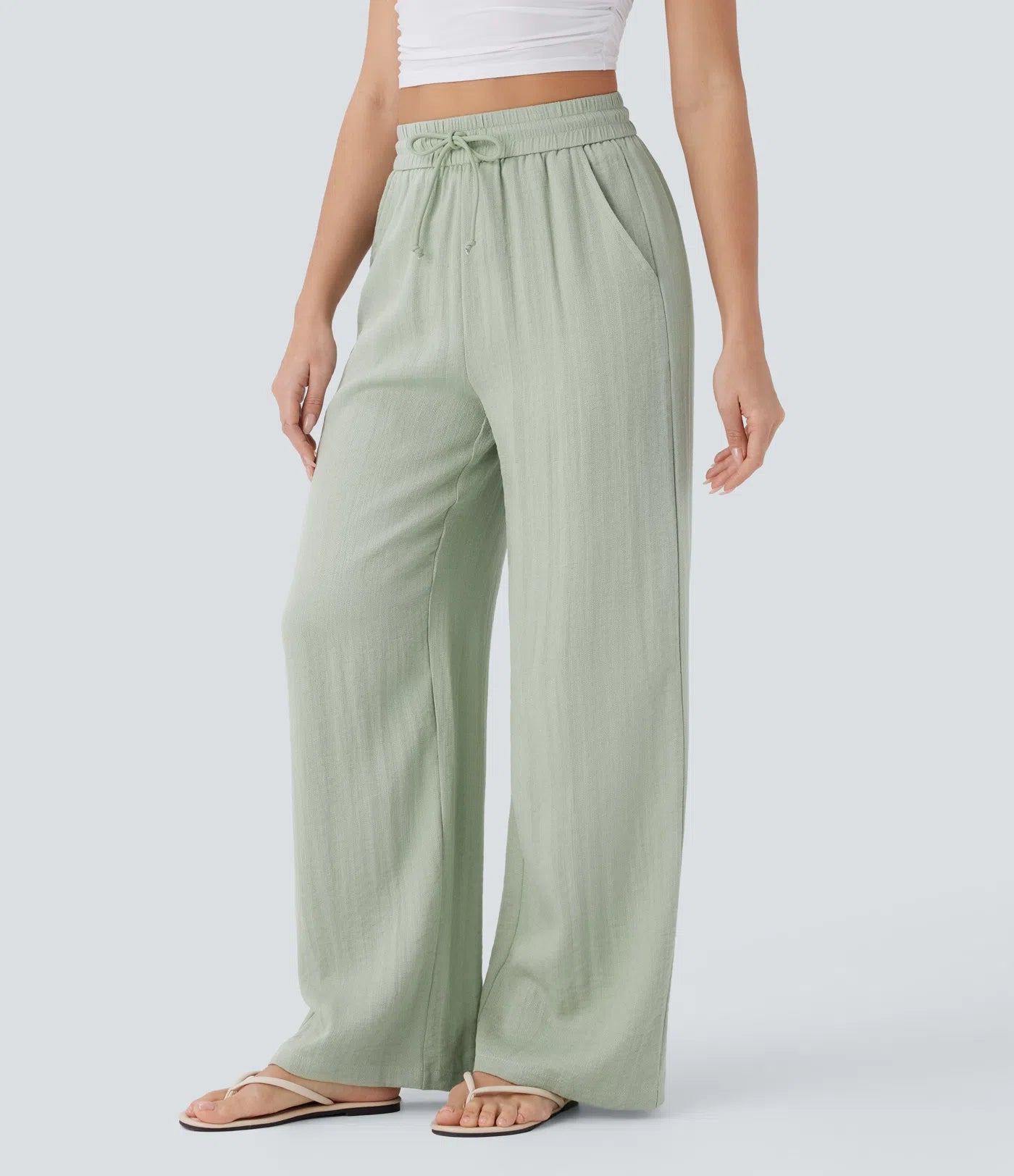 Hoch taillierte Hose mit Kordelzug, Taschen, weiter Beinform, übergroßem Schnitt (Baggy) und Leinenoptik