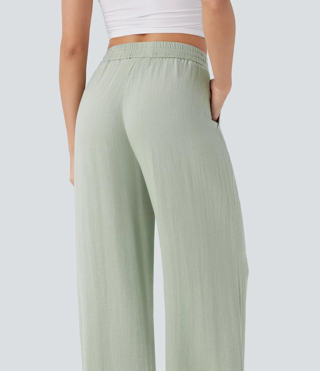Hoch taillierte Hose mit Kordelzug, Taschen, weiter Beinform, übergroßem Schnitt (Baggy) und Leinenoptik